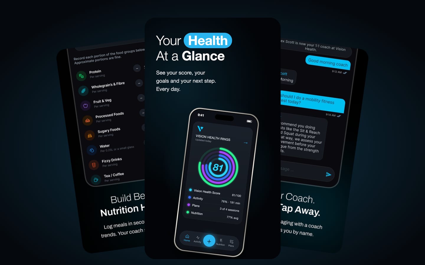 Vision Health app screens: the neon Vision Health Rings home screen, nutrition logging and coach messaging